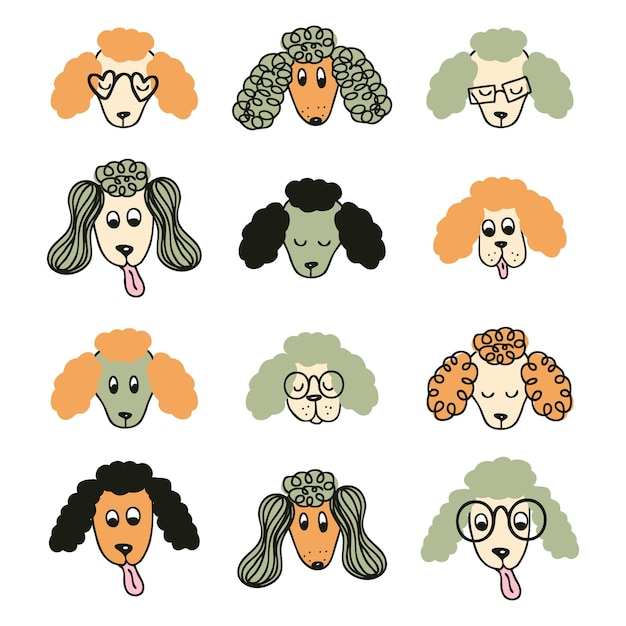 Hand drawn poodle dog cartoon collection Animalistic doodle set for Tshirt stickers print poster Cute isolated vector illustration for decor and design