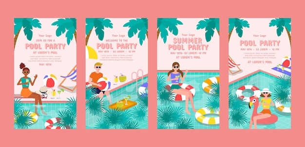 Vector hand drawn pool party instagram stories