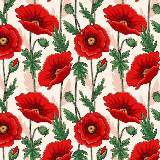 Vector hand drawn poppy flower pattern design