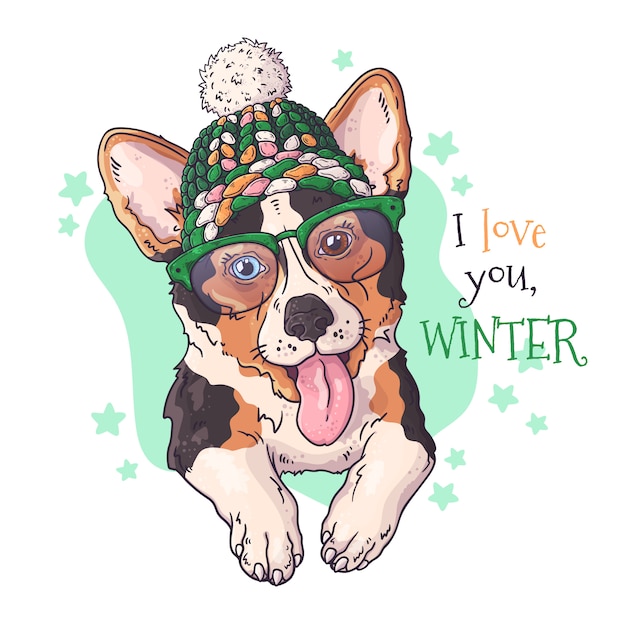 クリスマスアクセサリーのコーギー犬の手描きの肖像画