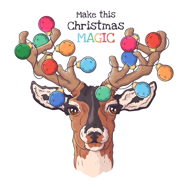 Hand drawn portrait of deer in christmas accessories