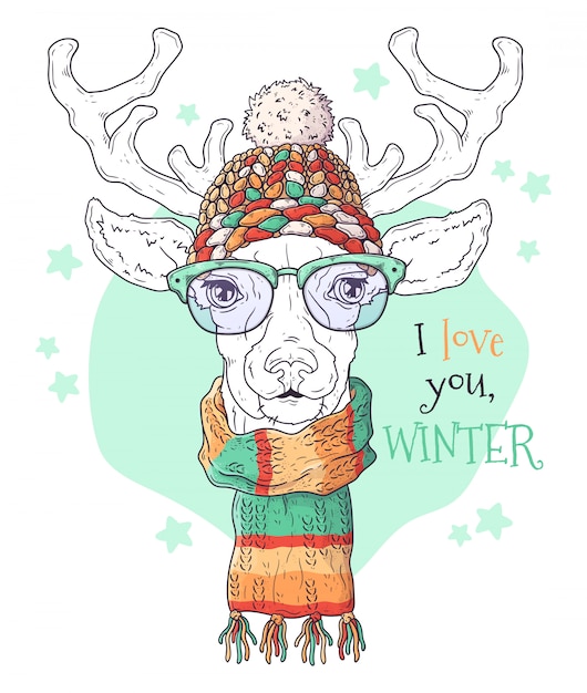 Hand drawn portrait of deer in christmas