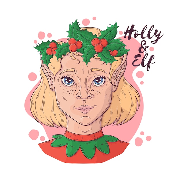 Vector hand drawn portrait of elf girl with christmas decoration