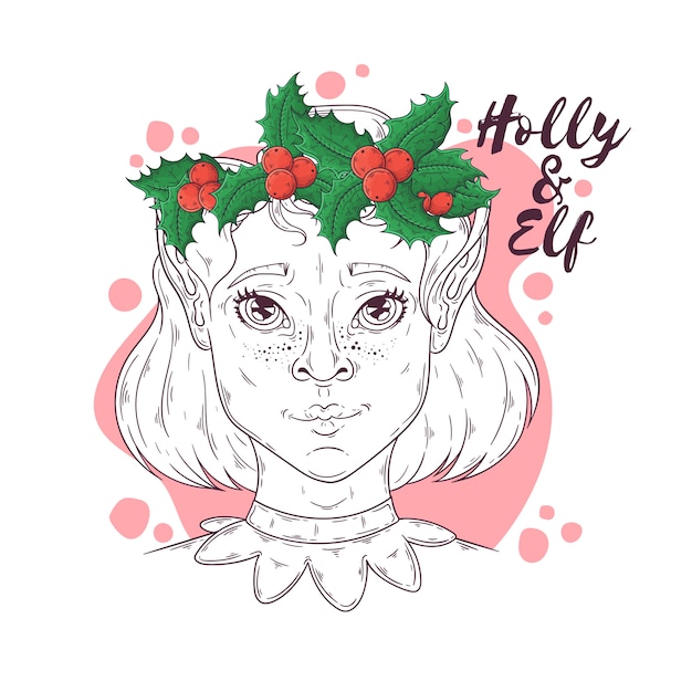 Hand drawn portrait of elf girl with Christmas symbols Vector.