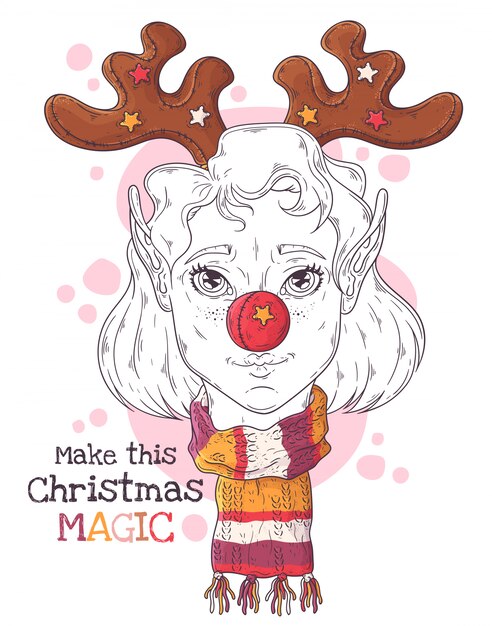 Hand drawn portrait of elf girl with christmas symbols vector.