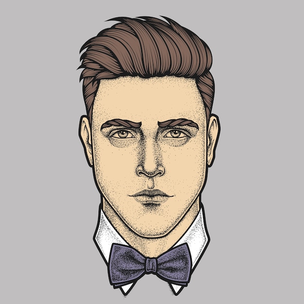 Hand drawn portrait of man full face with bow tie