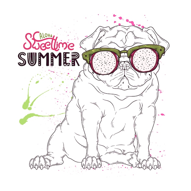 Hand drawn portrait of the pug dog with fruit glasses