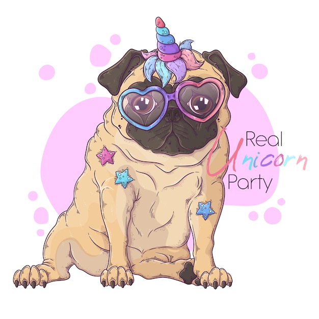 Hand drawn portrait of the pug dog with unicorn horn 