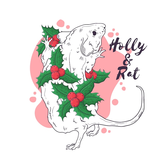 Hand drawn portrait of rat in Christmas accessories Vector.