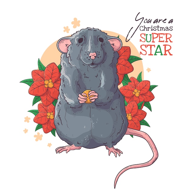 Hand drawn portrait of rat with Christmas flowers Vector.