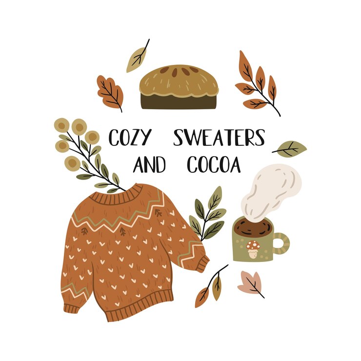 वेक्टर hand drawn poster with cozy sweater pie hot tea autumn leaves and lettering