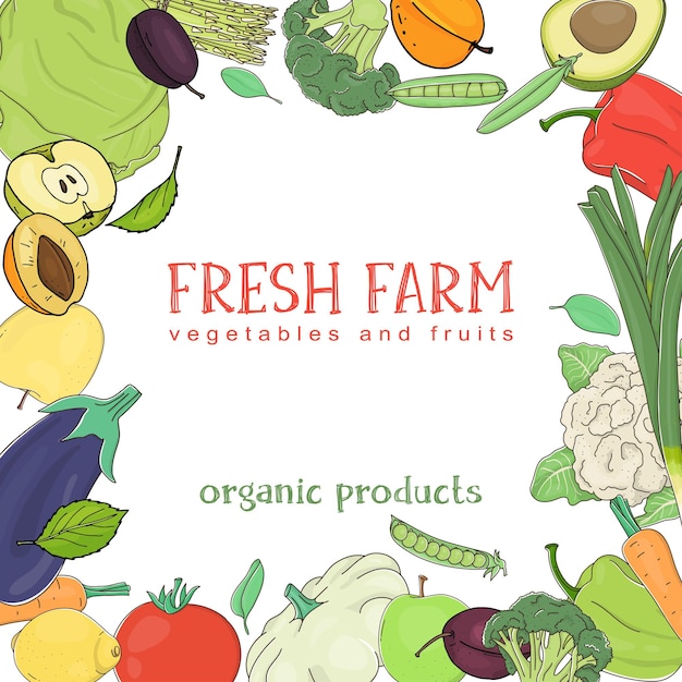 Hand-drawn poster with fruits and vegetables and a place for your text on a white background