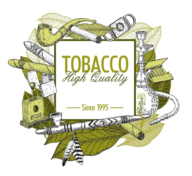 Vettore manifesti disegnati a mano con tabacco e set per fumatori sigari in stile schizzo illustrazione vettoriale con tubi ghigliottine foglie di tabacco set per fumatori sigari narghilè foglie di tabacco pipe narghilè