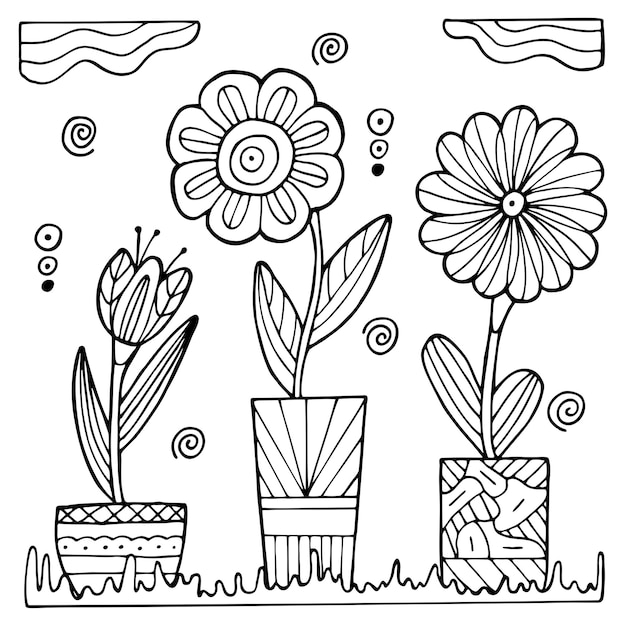 Hand drawn potted flowers on a white isolated background Coloring book for children and adults