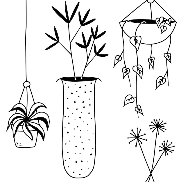 Hand drawn Potted Plants doodle art set