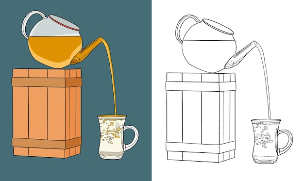 Hand drawn pour tea drink vector with line drawing to fill with colors. Pouring tea in tea cup.