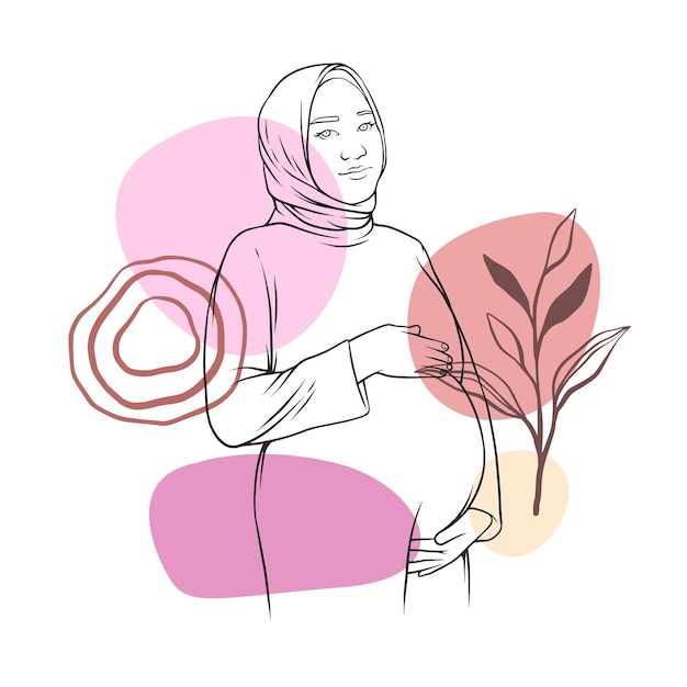 Vector hand drawn pregnant hijab mom in line art style