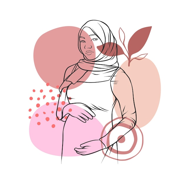 Hand drawn pregnant hijab mom in line art style