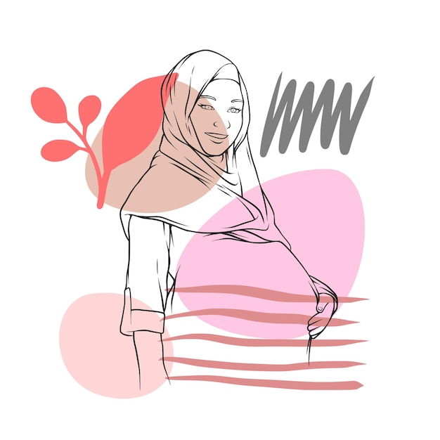 Vector hand drawn pregnant hijab mom in line art style