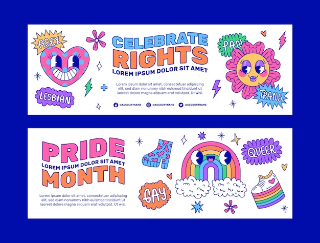 Vector hand drawn pride month horizontal banners collection