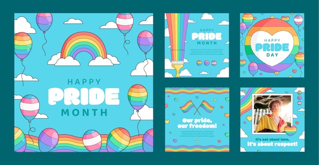 Vector hand drawn pride month instagram posts collection