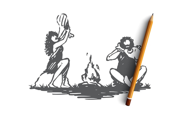 Hand drawn primitive people eating near bonfire concept sketch