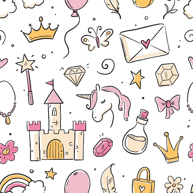 Vector hand drawn princess doodle seamless pattern beauty pattern with cute girl princess accessories fairy unicorn castle doodle background wallpaper