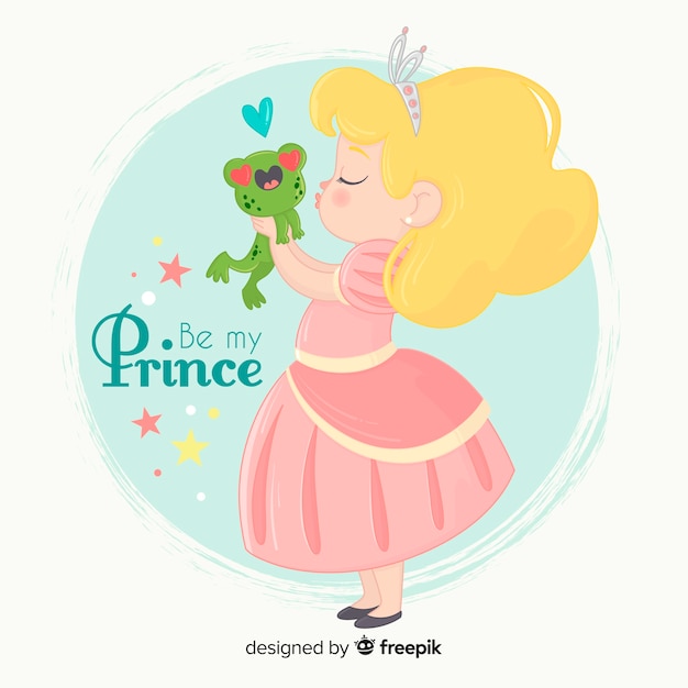 Hand drawn princess kissing frog