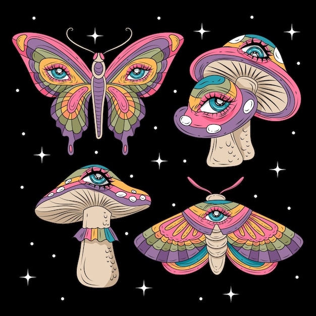 Hand drawn psychedelic stickers collection