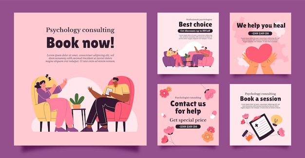 Vector hand drawn psychologist help instagram posts template