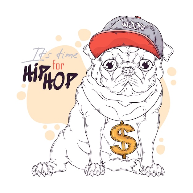 Vettore rapper di cane pug disegnato a mano con accessori