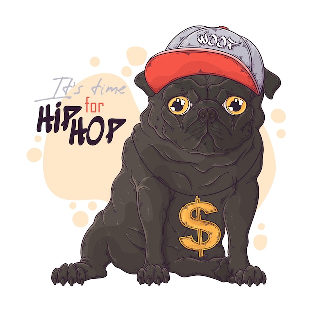 Hand drawn pug dog rapper with accessories