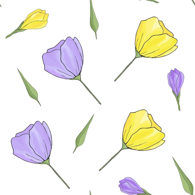 Hand drawn purple and yellow flowers seamless pattern Endless texture of floral elements