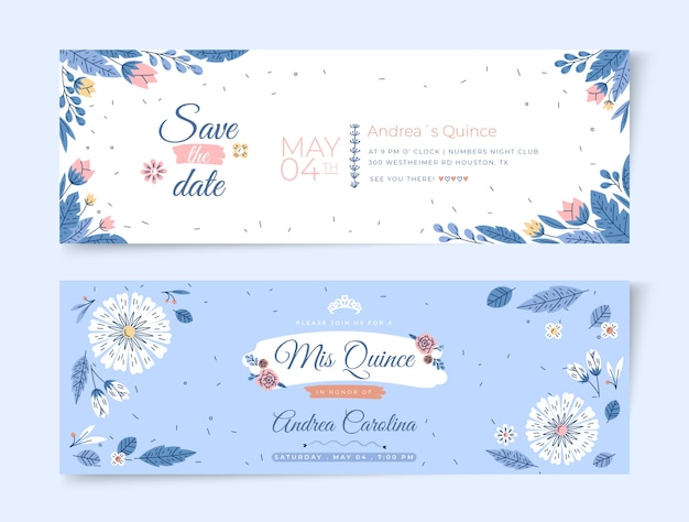 Confezione di banner orizzontali quinceanera disegnati a mano