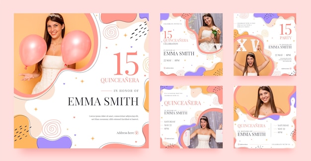 Vector hand drawn quinceanera instagram posts collection