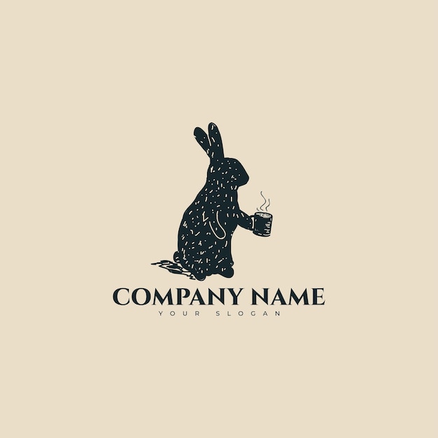 Hand drawn Rabbit drink a cup of coffee logo vector design template