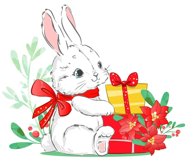 Vector hand drawn rabbit and gifts new years cards vector illustration festive design little bunny and red bow