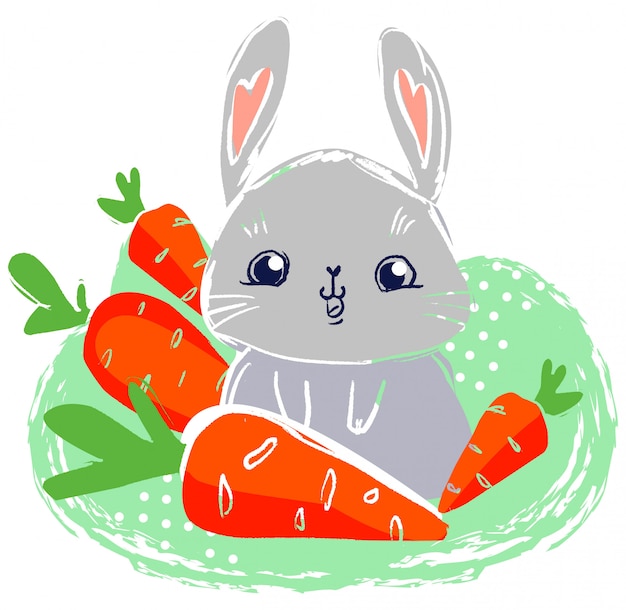 Vector hand drawn rabbit with carrots.