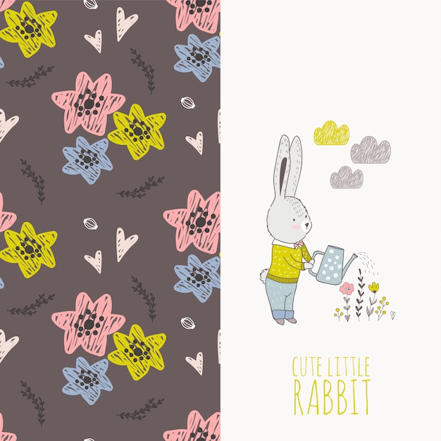 Hand drawn rabbit with flowers card and seamless pattern.