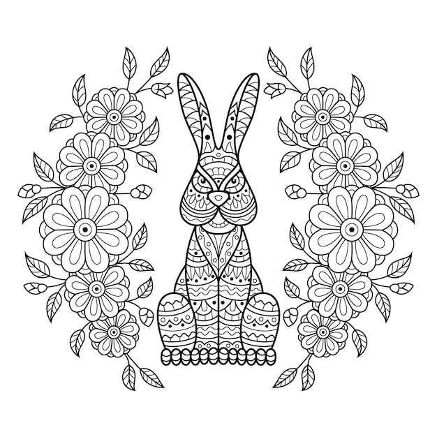 Hand drawn of rabbit in zentangle style