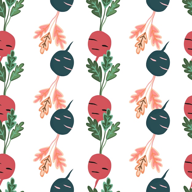 Hand drawn radish seamless pattern Radish with leaves backdrop