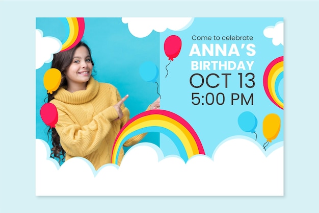 Vector hand drawn rainbow birthday invitation with photo template