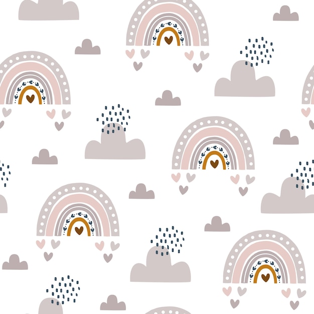 Hand drawn rainbow and clouds in boho style seamless pattern with cute rainbow and clouds design f