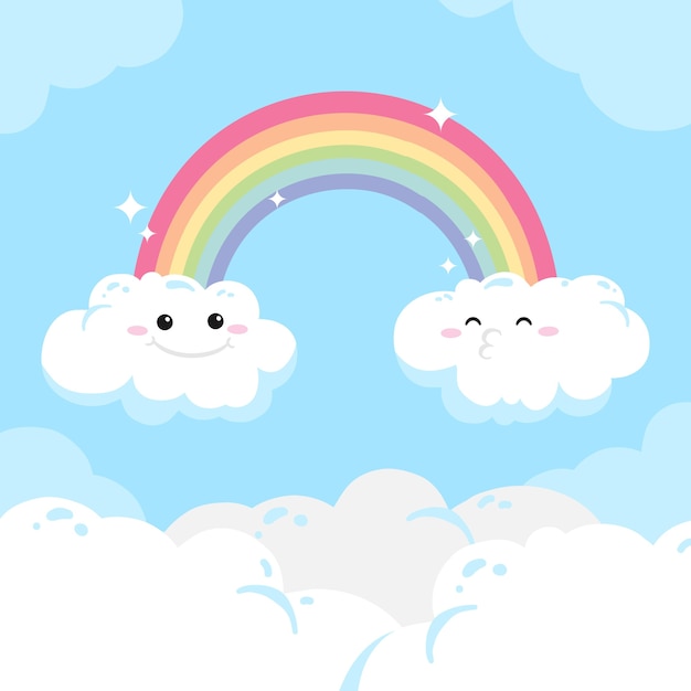 Vector hand drawn rainbow and clouds with faces