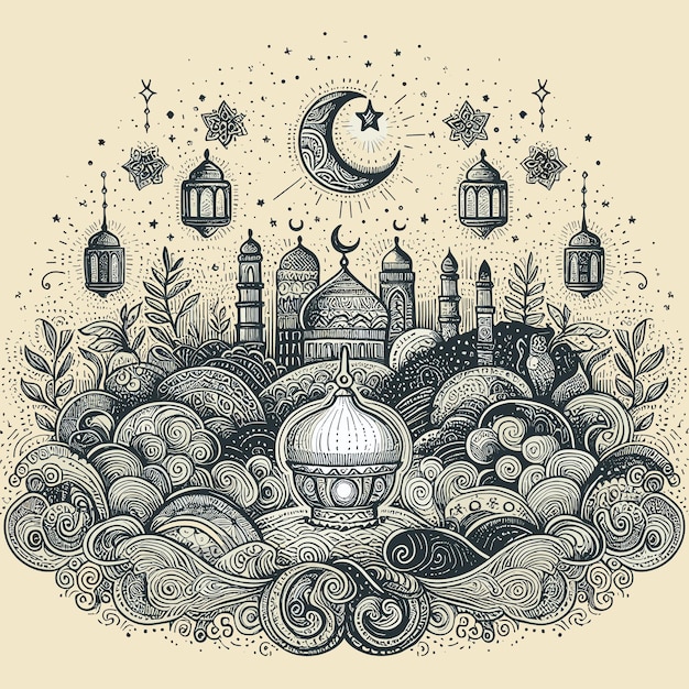 Hand drawn ramadan background design vector illustration