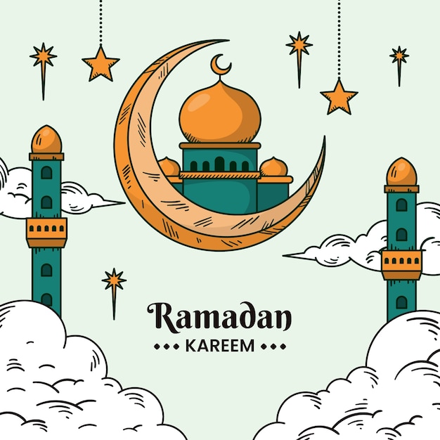 Hand drawn ramadan illustration with arabic elements