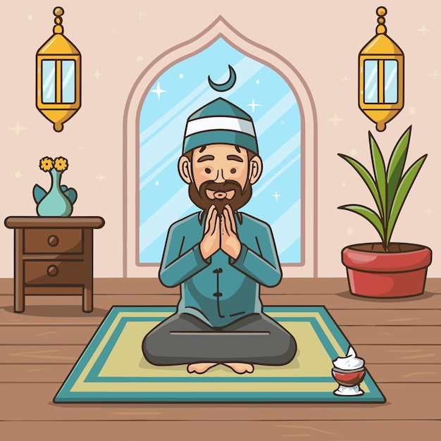 Illustrazione disegnata a mano del ramadan con una persona che prega