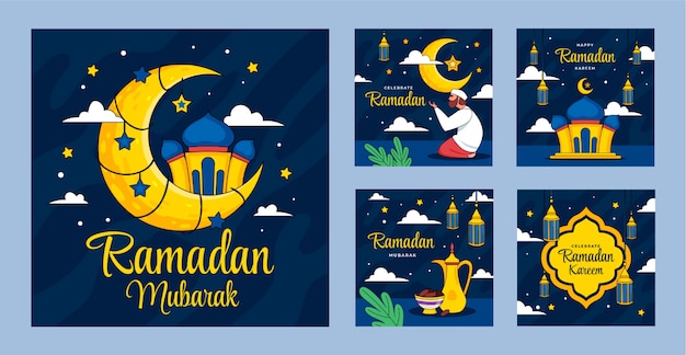 Vector hand drawn ramadan instagram posts collection