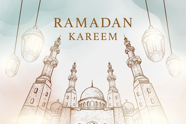 Vector hand drawn ramadan kareem background illustration with mosque and lanterns