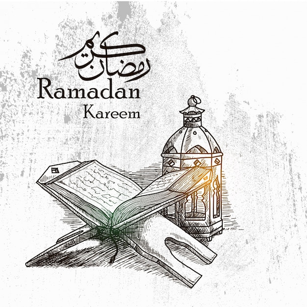 Hand drawn ramadan kareem background with traditional lantern and al quran